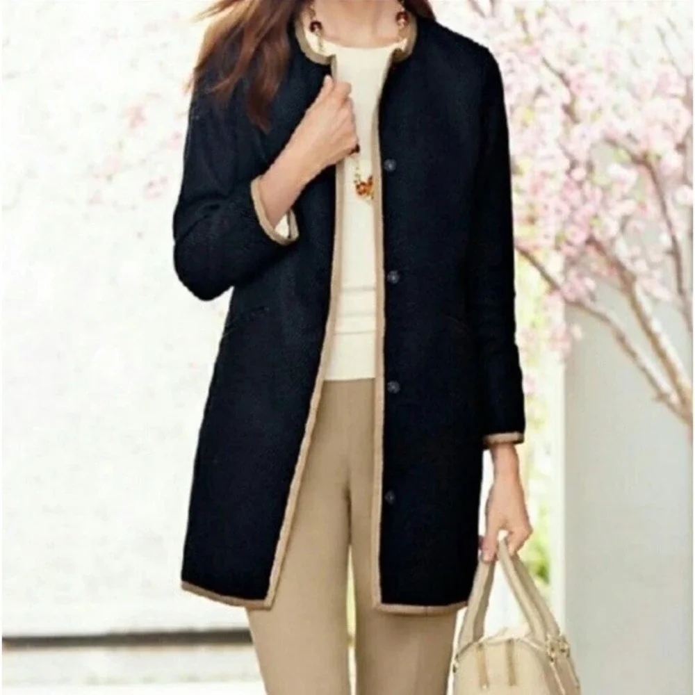 Talbots Tweet Coat Jacket Women's Snap Pocket Black Tan Trim Cotton Blend SZ-18W
